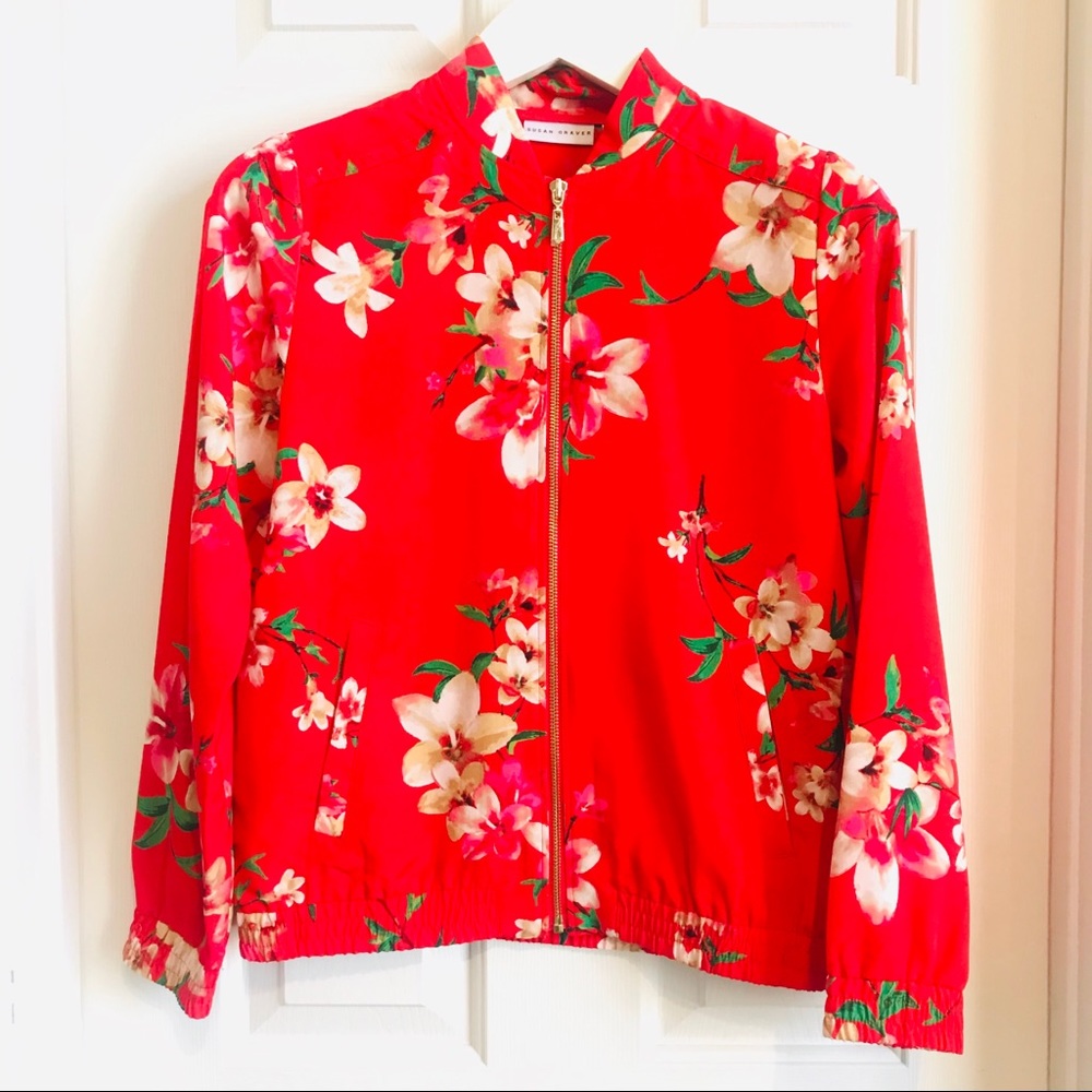 Red Floral Bomber Jacket XS new